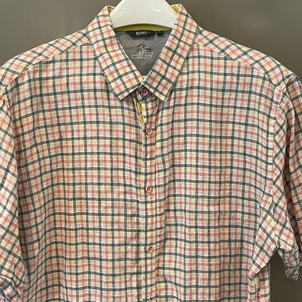 Bohio Mens XL Short Sleeve Button Down Shirt Multicolor Plaid Tropical Casual